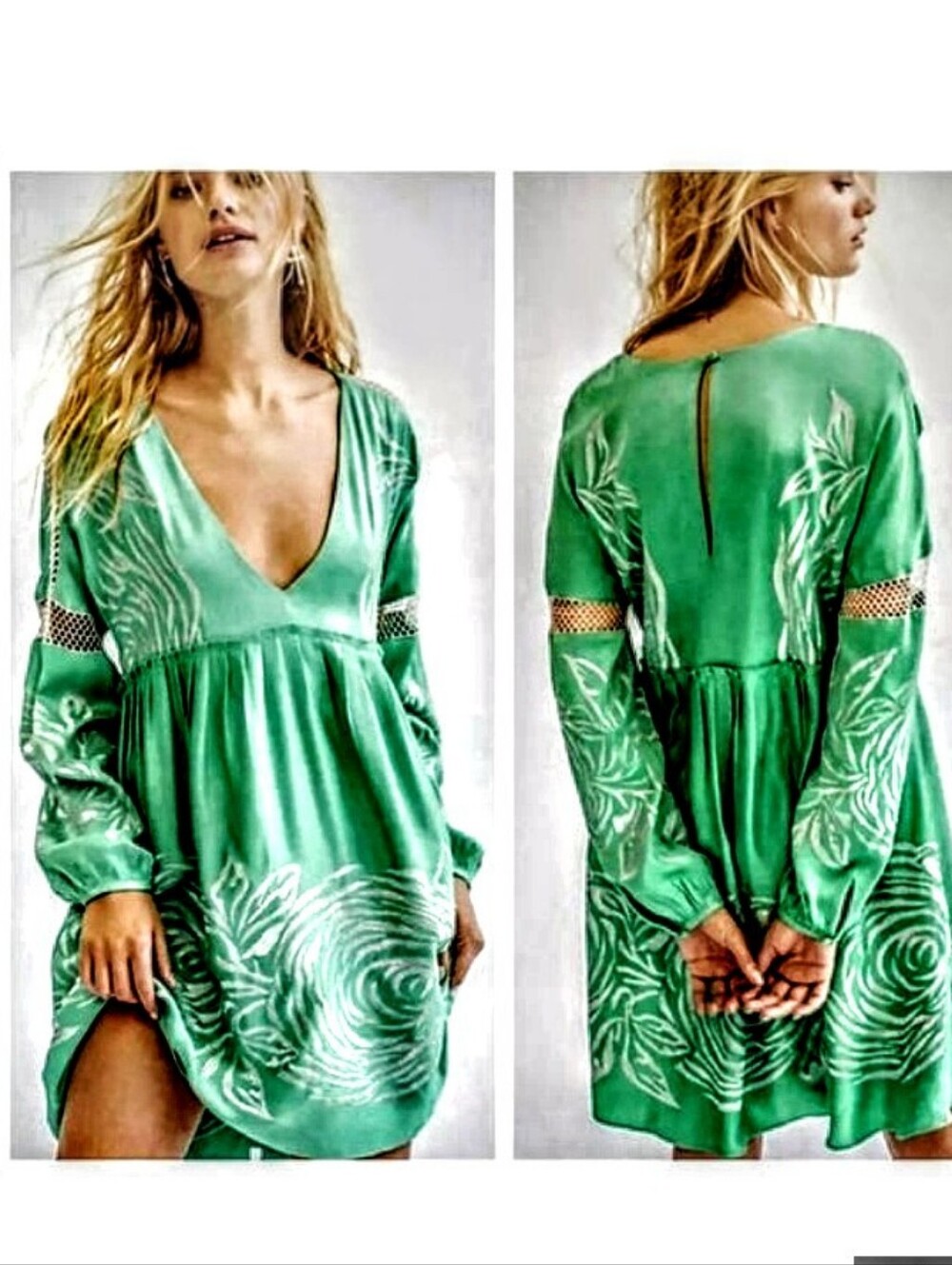 Free People Starlight Green V-Neck  Metallic Embroidered Mini Dress sz XS